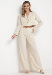 Beżowy Komplet Garniturowy z Krótką Marynarką i Szerokimi Spodniami w Paski Laoisetta. Brązowe marynarki i żakiety damskie Born2be, l, bez wzorów, eleganckie. Za 199.99 zł.