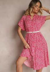 Fuksjowa Koszulowa Sukienka z Bawełny w Kwiaty o Rozkloszowanym Fasonie Sarilon. Czerwone sukienki damskie Renee, bez wzorów, z bawełny, eleganckie, bez ramiączek. W wyprzedaży za 47.99 zł.