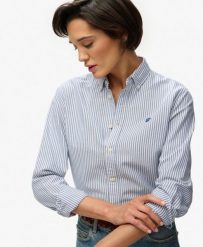 Superdry Damska koszula Oxford slim z długim rękawem – AZURE BLUE STRIPE OXFORD. Niebieskie koszule damskie Superdry, bez wzorów, z bawełny, bez kołnierzyka, bez ramiączek. Za 296.15 zł.