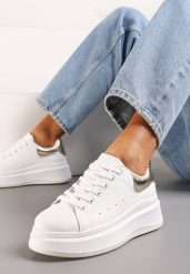 Biało-Złote Sneakersy z Ekoskóry na Platformie ze Sznurowaniem Telretia. Białe obuwie sportowe damskie Born2be, bez zapięcia. Za 59.99 zł.