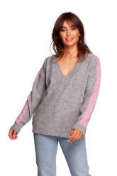 Sweter w Serek z Lampasami - Szary. Szare swetry klasyczne damskie MOE, l, z materiału, bez kołnierzyka. Za 176.26 zł.