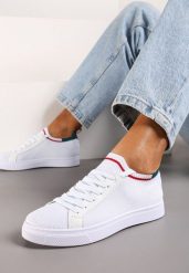 Biało-Zielone Płaskie Sneakersy Wsuwane z Imitacji Skóry ze Sznurowaniami Gaxia. Białe obuwie sportowe damskie Renee, na lato, z materiału, bez zapięcia. Za 49.99 zł.