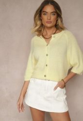 Żółty Kardigan z Rękawem 3/4 z Dodatkiem Wełny Iffarisse. Żółte kardigany damskie Renee, bez wzorów, z jeansu. Za 159.99 zł.