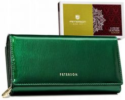 Portfel skórzany Peterson PTN 42100-SH zielony. Zielone portfele damskie Peterson, bez wzorów, ze skóry. Za 143.99 zł.