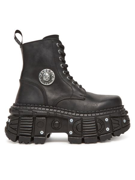 NEW ROCK Trzewiki M-OVERZTANK001-C1 Czarny. Czarne botki damskie NEW ROCK, ze skóry, rockowe, bez obcasa, na koturnie, bez zapięcia. Za 1,039.00 zł.
