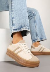 Beżowe Sneakersy na Grubej Podeszwie z Ozdobnym Wzorem Felimala. Brązowe obuwie sportowe damskie Born2be, z jeansu, bez zapięcia. Za 84.99 zł.