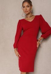 Bordowa Sukienka o Dopasowanym Kroju z Lekko Bufiastymi Rękawami Zinnashira. Czerwone sukienki damskie Renee, z aplikacjami, eleganckie, bez ramiączek. W wyprzedaży za 67.99 zł.
