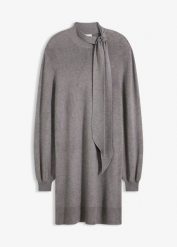 Sukienka dzianinowa z kokardą z miękkiej mieszanki wiskozy. Szare sukienki damskie bonprix, bez wzorów, z dzianiny, bez ramiączek. Za 149.99 zł.