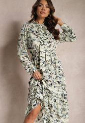 Zielona Rozkloszowana Sukienka Midi z Falbanką i Gumką w Talii Viglira. Zielone sukienki damskie Renee, bez wzorów, eleganckie, bez ramiączek. W wyprzedaży za 55.99 zł.