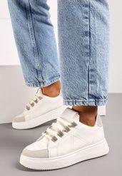 Beżowe Sneakersy z Imitacji Skóry z Grubymi Sznurówkami i Cyrkoniami Drinthia. Brązowe obuwie sportowe damskie Born2be, na lato, z jeansu, bez zapięcia. Za 84.99 zł.