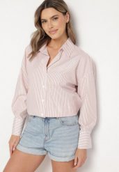 Beżowa Bawełniana Koszula Oversize w Prążki Zdobiona Metaliczną Nicią Paserella. Brązowe koszule damskie Born2be, l, z aplikacjami, z bawełny, eleganckie, bez kołnierzyka, bez ramiączek. Za 89.99 zł.