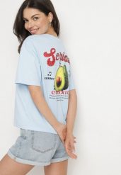 Niebieski T-shirt z Bawełną i Motywem Awokado Addixa. Niebieskie t-shirty damskie Born2be, m, bez wzorów, z bawełny, bez kołnierzyka. Za 79.99 zł.