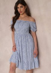 Niebieska Sukienka Midi o Fasonie Bawełnianej Hiszpanki Nairo. Niebieskie sukienki damskie Renee, bez wzorów, z bawełny, eleganckie, bez ramiączek. W wyprzedaży za 39.99 zł.