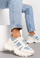 Beżowo-Niebieskie Sznurowane Sneakersy na Grubej Podeszwie ze Wstawkami i Brokatem Widgeta. Brązowe obuwie sportowe damskie Renee, bez zapięcia. Za 89.99 zł.