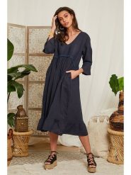Lin Passion Lniana sukienka w kolorze granatowym rozmiar: 38/40. Niebieskie sukienki damskie Lin Passion, bez wzorów, ze lnu, klasyczne, bez ramiączek. Za 173.99 zł.