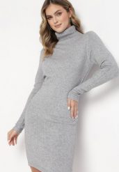 Jasnoszara Sukienka Midi z Golfem o Sweterkowym Fasonie Abdone. Szare sukienki damskie Born2be, bez wzorów, bez ramiączek. W wyprzedaży za 84.99 zł.