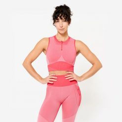 Koszulka fitness damska Domyos crop bez rękawów. Czerwone koszulki damskie DOMYOS, xl, bez wzorów, z elastanu, bez kołnierzyka, bez ramiączek. Za 89.99 zł.