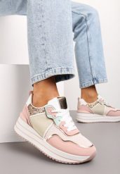 Różowe Sneakersy na Niskiej Platformie ze Wstawkami z Brokatu Quinnes. Czerwone obuwie sportowe damskie Renee, bez zapięcia. Za 89.99 zł.