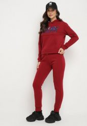 Bordowy Ocieplany Komplet Dresowy z Bawełny Joggery i Bluza z Kapturem i Nadrukiem Filola. Czerwone bluzy damskie Born2be, s, z aplikacjami, z bawełny, z kapturem. Za 39.99 zł.
