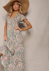 Zielona Rozkloszowana Sukienka Maxi na Guziki Ozdobiona Etnicznym Wzorem Kleriala. Zielone sukienki damskie Renee, bez wzorów, boho, bez ramiączek. W wyprzedaży za 50.99 zł.