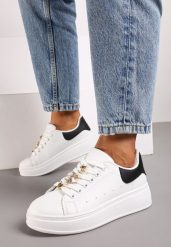 Biało-Czarne Sneakersy na Platformie Wykończone Cyrkoniowymi Aplikacjami Vliorina. Białe obuwie sportowe damskie Renee, z materiału, bez zapięcia. Za 79.99 zł.