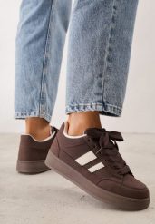 Brązowe Sneakersy Basic z Paskami na Boku Adila. Brązowe obuwie sportowe casual damskie Renee, z jeansu. Za 99.99 zł.