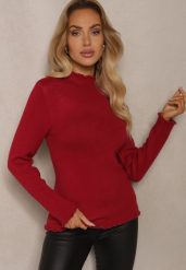 Bordowy Sweter z Wełną przy Dekolcie Ozdobiony Falbanką Seatoria. Czerwone swetry klasyczne damskie Renee, z jeansu, bez kołnierzyka. Za 79.99 zł.