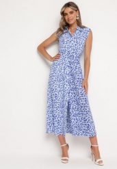 Niebieska Koszulowa Sukienka w Zwierzęcy Print Zapinana na Guziki z Materiałowym Paskiem Vespia. Niebieskie sukienki damskie Born2be, bez wzorów, z materiału, eleganckie, bez ramiączek. Za 159.99 zł.