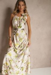 Zielona Sukienka z Satyny w Kwiatowy Wzór Fenimea. Zielone sukienki damskie Renee, bez wzorów, z satyny, eleganckie, bez ramiączek. W wyprzedaży za 143.99 zł.