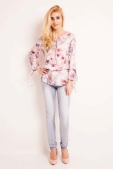 Bluzka w Ciemne Kwiaty z Wiązaniem przy Dekolcie. Białe bluzki damskie Lou-Lou, l, bez wzorów, z elastanu, bez kołnierzyka, bez ramiączek. Za 129.90 zł.
