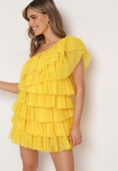 Żółta Sukienka Mini na Jedno Ramię Asymetryczna z Falbankami Nomenta. Żółte sukienki damskie Born2be, bez wzorów, bez ramiączek. W wyprzedaży za 186.99 zł.