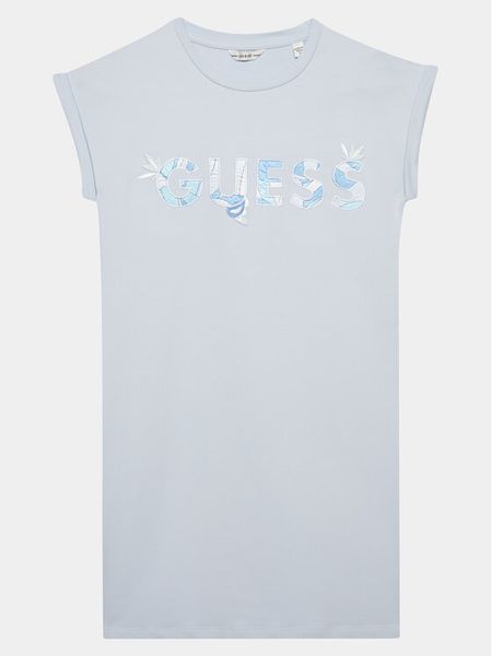 Guess Sukienka codzienna J4GK14 KAE23 Błękitny Regular Fit. Niebieskie sukienki dziewczęce Guess, z aplikacjami, z bawełny, bez ramiączek, proste. Za 99.99 zł.