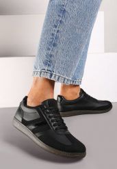 Czarne Stylowe Sneakersy na Płaskiej Podeszwie z Geometrycznymi Przeszyciami Rialine. Czarne obuwie sportowe damskie Born2be, z materiału, bez zapięcia. Za 59.99 zł.