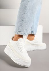 Białe Sneakersy na Tłoczonej Platformie z Ozdobnymi Przeszyciami Faloviela. Białe obuwie sportowe damskie Renee, z jeansu, bez zapięcia. Za 99.99 zł.