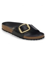 Birkenstock Skórzane klapki "Madrid" w kolorze czarnym rozmiar: 38. Czarne klapki damskie Birkenstock, bez wzorów, z otwartym noskiem, bez obcasa, bez zapięcia. Za 502.76 zł.