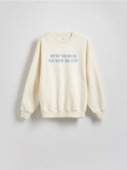 Bluza z nadrukiem - kremowy. Białe bluzy damskie Reserved, l, bez wzorów, z bawełny, bez kaptura. W wyprzedaży za 59.99 zł.