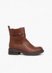 Sztyblety z klamrą. Brązowe botki damskie bonprix, bez obcasa, bez zapięcia. Za 189.99 zł.