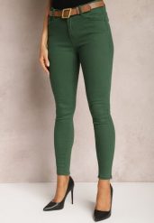 Ciemnozielone Jeansy Skinny z Paskiem z Klamerką Pisanne. Zielone jeansy damskie Renee, bez wzorów, z jeansu. Za 59.99 zł.