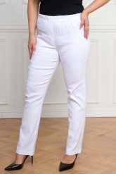 Białe spodnie Nilda z prostą nogawką wysoki stan PLUS SIZE XXL. Białe spodnie materiałowe damskie Nasi partnerzy, bez wzorów, z elastanu, krótkie. Za 159.90 zł.