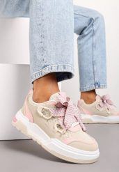 Beżowo-Różowe Sneakersy na Grubej Podeszwie z Ozdobnymi Sznurówkami Zeldema. Brązowe obuwie sportowe damskie Renee, z jeansu, bez zapięcia. Za 89.99 zł.