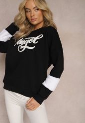 Czarna Bawełniana Bluza z Nadrukiem i Futrzaną Wstawką Koresa. Czarne bluzy damskie Renee, z aplikacjami, z bawełny, bez kaptura. Za 84.99 zł.
