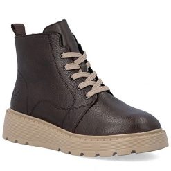 Skórzane botki damskie na klinie brązowe Rieker 70405-25. Brązowe botki damskie Rieker, ze skóry, bez obcasa, bez zapięcia. Za 399.00 zł.