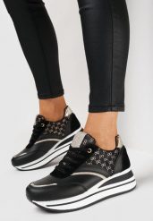 Czarne Sneakersy na Grubej Podeszwie z Brokatem Erenie. Czarne obuwie sportowe damskie Born2be, bez zapięcia. Za 99.99 zł.