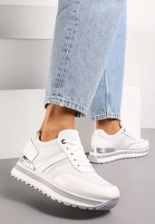Białe Sneakersy na Podeszwie w Paski z Metalicznymi Wstawkami i Siateczką Silenalo. Białe obuwie sportowe damskie Renee, bez zapięcia. Za 89.99 zł.