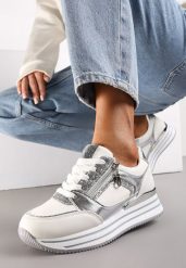 Srebrne Sneakersy z Metalicznymi Wstawkami i Brokatem na Grubej Podeszwie Anova. Białe obuwie sportowe damskie Renee, na wiosnę, bez zapięcia. Za 109.99 zł.