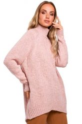 Pudrowy Luźny Sweter z Półgolfem. Białe swetry klasyczne damskie MOE, l, z materiału, bez kołnierzyka. Za 219.90 zł.
