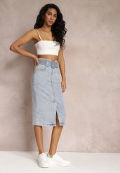 Jasnoniebieska Jeansowa Spódnica Ołówkowa Midi z Guzikami i Rozcięciem Jackiesa. Niebieskie spódnice damskie Renee, l, bez wzorów, z jeansu, midi. Za 129.99 zł.