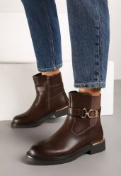 Brązowe Płaskie Botki w Stylu Sztybletów z Metaliczną Klamrą Sallithra. Brązowe botki damskie Born2be, eleganckie, bez obcasa, na obcasie, bez zapięcia. Za 129.99 zł.