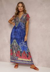 Niebieska Sukienka o Kopertowym Kroju w Ornamentalny Print Nalori. Niebieskie sukienki damskie Renee, bez wzorów, bez ramiączek. W wyprzedaży za 55.99 zł.