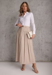 Beżowa Rozkloszowana Spódnica z Wiskozy Zdobiona Plisami i Paskiem Durklea. Brązowe spódnice damskie Renee, na co dzień, l, z aplikacjami, z wiskozy, eleganckie, maxi. Za 129.99 zł.